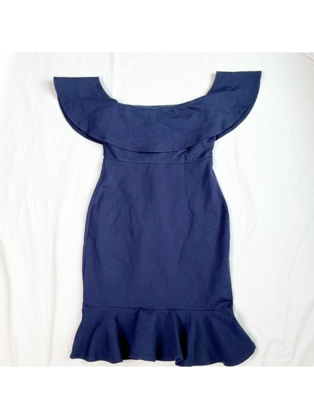 NWT Lulus Navy Blue Ruffle Hem Off-Shoulder Knee Length Cocktail Dress Womens M